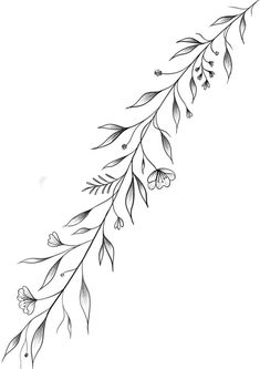 a black and white drawing of some flowers on a branch with leaves in the middle