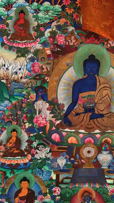 the buddha is surrounded by many colorful images