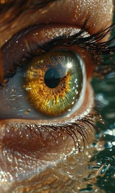 an eye with yellow and blue iris looking at the camera