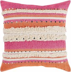 an orange, pink and white striped pillow with fringes on the edges is shown