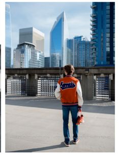 two pictures of a man walking in front of a cityscape with skyscrapers