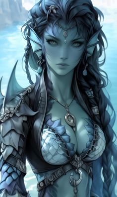 Water Elf Art, Dnd Siren Character Art, Dnd Triton Character Design, Triton Pirate, Sea Serpent Drawing, Water Elemental Female, Mermaid Knight, Merfolk Dnd, Water Spirit Art