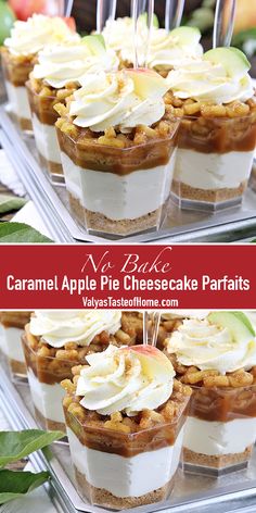 caramel apple pie cheesecake parfaits with apples in the background