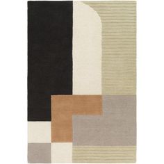 an area rug with different colors and shapes on the floor, including black, brown, beige