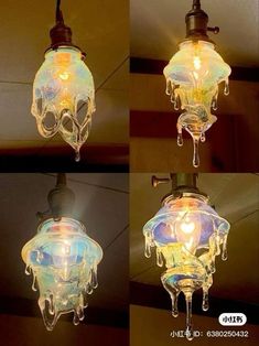 three different pictures of a light fixture with icicles hanging from it's sides