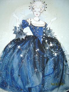 a painting of a woman in a blue dress with stars on it's skirt