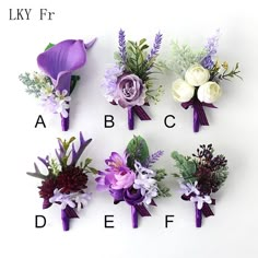 purple and white flowers are arranged in the shape of letters