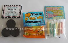 an assortment of candy, cookies and other items for a birthday party or baby shower