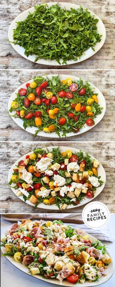 four plates filled with different types of salads on top of each other, including tomatoes and lettuce