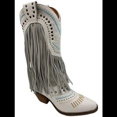 "New - The Item Is Brand-New, Unused, And Unworn. The Item May Or May Not Have The Original Tags And/Or Original Packaging. Style: Gypsy Pull-On, Soft Leather Upper, Snip Toe, Stud Accents, And The Fringe Sways And Dances As You Move Approximate Measurements: Heel 2-1/2"H; Shaft 13"H; Shaft Circumference 12" Measurements Were Taken Using A Medium Size 9; Measurements May Vary Depending On Size Leather Upper; Man-Made Rubber Outsole" White Summer Festival Boots, Bohemian Style Boots For Ranch In Spring, Bohemian Style Ranch Boots For Spring, White Bohemian Boots With Round Toe, Bohemian White Boots For Fall, Western Summer Boots With Fringe, Summer Leather Boots For Rodeo, Leather Boots For Summer Ranch Activities, Leather Boots For Summer Rodeo