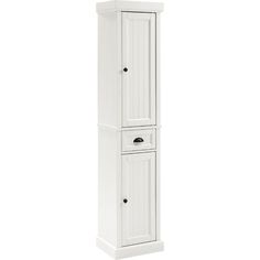 a tall white cabinet with two drawers