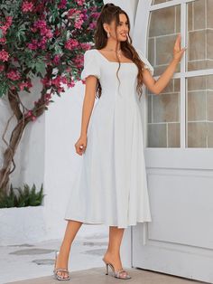 Square Neck Midi Dress, Midi Flare Skirt, Boho Patterns, White Square, White Midi Dress, Fashion Styles, Classic White, Square Neck, Puff Sleeve