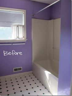 a bathroom with purple walls and black and white tile flooring that has the word before painted on it