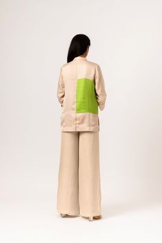 Ecru-Green Color Blocked Co-ord Set with wide-legged pants. Sustainable Silk. Delivery time 3 weeks. Wide Legged Pants, Casual Office Wear, Color Block Blouse, Ecru Color, Plain Bands, Holiday Wear, Casual Office, Co Ord Set, Puff Sleeve Top