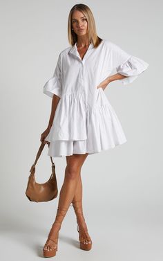 Elowen Mini Dress - Button Up Asymmetrical Tiered Smock Dress in White Short Sleeve Mini Dress, Button Dress, Elbow Length Sleeve, Lace Up Heels, Smock Dress, How To Style, Maternity Fashion, Women's Dresses, Dresses Online