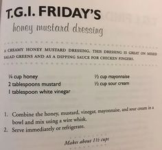 an open book with instructions on how to make honey mustard dressing for chicken entrees