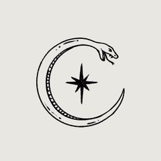 a black and white drawing of a snake on top of a crescent with a star in the middle