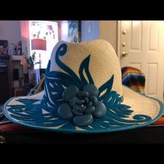 Gorgeous Turquoise Stitching On A Beautiful Off White Hat! Never Worn (Couldn’t Find Anything That Looked Good With It) Medium! Sooooo Adorable! Turquoise Fedora Hat For Spring, Turquoise Fedora For Spring, Blue Flat Brim Sun Hat For Vacation, Blue Sun Hat With Flat Brim For Vacation, Light Blue Sun Hat With Curved Brim For Beach, Bohemian Blue Sun Hat With Curved Brim, Casual Blue Sun Hat For Kentucky Derby, Light Blue Wide Brim Sun Hat For Beach, Blue Bohemian Straw Hat With Curved Brim