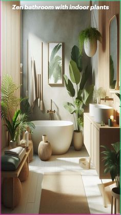 a bathroom with indoor plants on the wall and in the bathtub is surrounded by potted plants