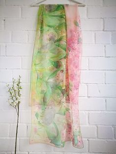 May Silk Chiffon scarf Lily of the Valley and Hawthorn Green Pink Artistic Scarf For Spring, Artistic Pink Scarves For Spring, Artistic Hand Painted Silk Scarf For Spring, Artistic Hand Painted Scarves For Spring, Silk Chiffon Scarves, Silk Wrap, Chiffon Scarf, Hand Painted Silk, Lily Of The Valley