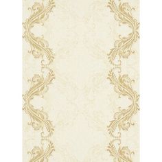 an ornate wallpaper with gold and white designs on the sides, along with a beige background