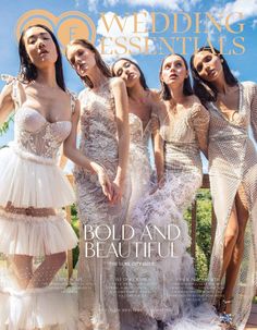 the cover of wedding essentials magazine featuring models in white gowns and high heels