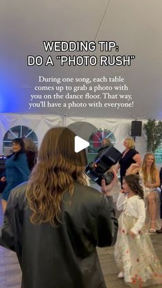 a group of people standing around each other in front of a white tent with the words wedding tip do a photo rush