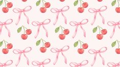 watercolor cherries with pink bows and green leaves