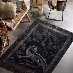 a dragon rug is on the floor next to a wicker chair and rat basket