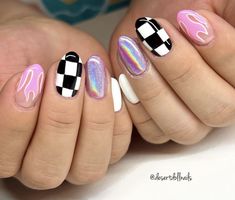 Western Chrome Nails, Chrome Nails With Design, Easy Pride Nails, Patterned Nails, Nail Ideas Trendy, Fun Nail Designs, Pride Nails, Black And White Nails, Checkered Nails