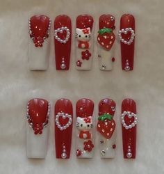 Red Kawaii Nails, Hello Kitty Nails Red, Sanrio Nails Acrylic, Red Hello Kitty Nails, Paznokcie Hello Kitty, Quinceanera Nails, Kitty Nails, Hippie Nails, Girly Acrylic Nails