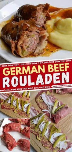 the german beef rouladen recipe is shown in four different pictures, including meat and sauces