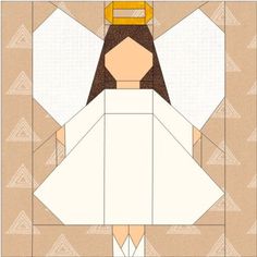 the paper doll is wearing a white dress and gold tiara, standing in front of a geometric background