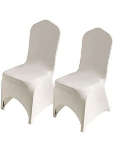 two white plastic chairs with one chair covered in a table cloth and the other is empty