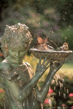 a statue holding a tray with birds on it and sprinkles in the air