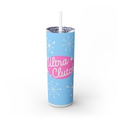 a blue and pink tumbler with the words aurora clutee printed on it