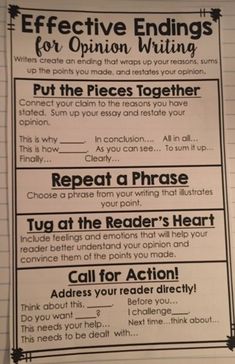 a poster with writing instructions on it that says effective findings for opinion writing, put the pieces together