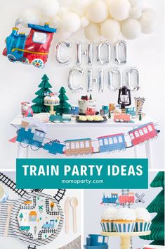 a train themed party with balloons and streamers