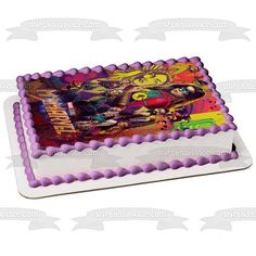 an image of a birthday cake with cartoon characters on the frosting and purple icing