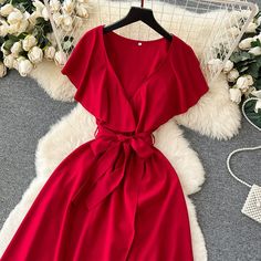 Simple V-neck Dress Sleeveless Dress P267 – PreppyDress Red V-neck Midi Sundress, Summer Red A-line V-neck Dress, Red Surplice Neckline Summer Dress, Red Surplice Neckline Dress For Summer, V-neck Sleeveless Dress For Brunch, Sleeveless V-neck Dress For Brunch, Red Knee-length V-neck Summer Dress, Red Knee-length V-neck Dress For Summer, Red Surplice Neckline Dress For Brunch