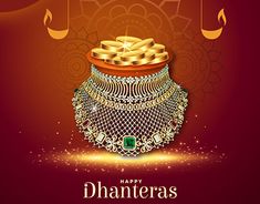 happy dhanteras greeting card with gold jewelry on red background for diwaling