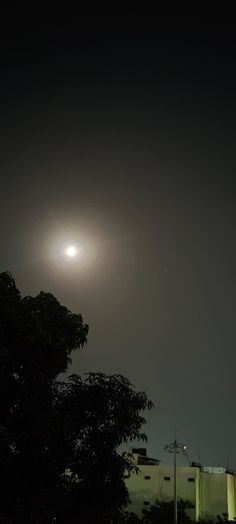 the moon is shining brightly in the dark sky above some trees and buildings at night