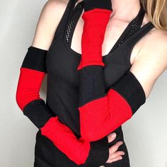 Long Striped Gloves Red Hand Warmers Black Armwarmers Patchwork Sleeves Gothic Handmade In The Usa By Me. :) Soft And Warm! Red And Black Patchwork Striped Arm Warmers/Fingerless Gloves. Over The Elbow/Full Arm Length. Made With Upcycled Materials. Can Also Be Worn Slouched Or As Tight Leg Warmers/Footless Socks. I Also Make These In More Colors! Arm Warmers Are Great For: Keeping You Warm Inside And Outside. Providing And Extra Layer For Your Arms Against The Sun While Driving Or Outdoors. Grea Black Leg Warmers For Cold Weather, Black Winter Leg Warmers, Fitted Black Leg Warmers For Winter, Red Fitted Leg Warmers For Winter, Fitted Red Leg Warmers For Winter, Striped Arm Warmers, Patchwork Sleeves, Striped Gloves, Warm Red