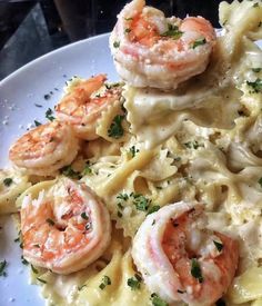 some shrimp and pasta on a white plate