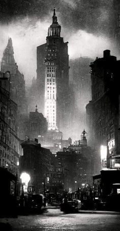 an old black and white photo of the empire building in new york city at night