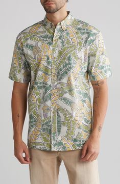 All-cotton construction offers a lightweight and breathable feel in a button-down shirt covered in a tropical print for laid-back vibes. 30 1/4" length Front button closure Button-down collar Short sleeves 100% cotton Machine wash, tumble dry Made in the USA of imported fabric Button Down Collar, New Print, Tropical Print, Sleeve Cotton, Casual Button Down Shirts, Nordstrom Rack, Button Downs, Button Down Shirt, Long Sleeve Shirts