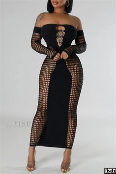 Fisdy - Alluring Long Sleeve Party Dress with Hollow Out Effect and Mesh Paneling Off Shoulder Long Dress, Party Dress Long Sleeve, Short Sleeve Maxi Dresses, Knitted Bodycon Dress, Bodycon Maxi Dresses, Strapless Maxi Dress, Long Knit, Maxi Knit Dress, Maxi Dress With Sleeves