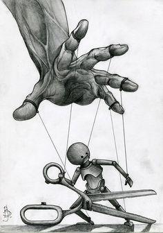 a pencil drawing of a person being held by a giant hand with scissors in front of them