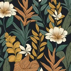 a floral pattern with leaves and flowers on a black background, suitable for wallpaper