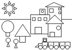 a black and white drawing of a train passing by houses, trees, and sun